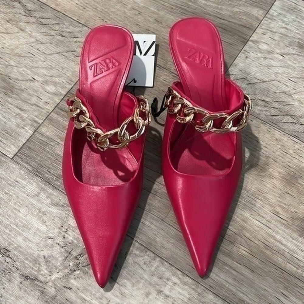 ZARA Pink Chain Strap Mule Heels NWT Pointed Toe Kitten Heel Pumps Size 8 - Picture 13 of 16